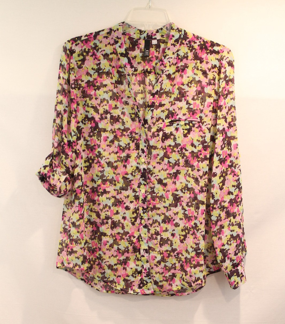 Kut From The Kloth Sheer Chiffon Top Womens size XL Roll Tab Sleeves Button Up